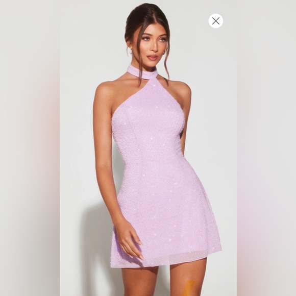 Embellished Asymmetric Neck A-Line Mini Dress in Lilac - Picture 2 of 2